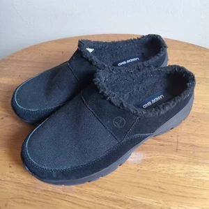 Land’s End women 6 Suede Canvas Black Moccasin Slippers Lined grey rubber soles - Picture 1 of 8