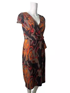 Per Una M&S Wrap Dress Size 12 M Womens EU40 Orange Grey Patterened V-Neck - Picture 1 of 11