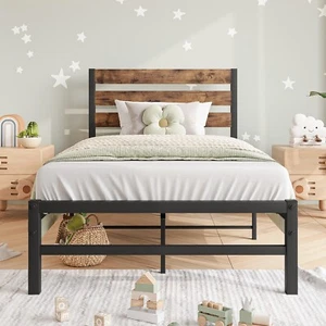 Twin Size Platform Bed Frame with Rustic Vintage Wood Headboard Strong Metal - Picture 1 of 6