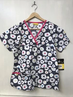 WonderWink Prints Womens Mock Wrap Scrub Top Blue White Floral 6027A XS NWT - Image 1 of 4