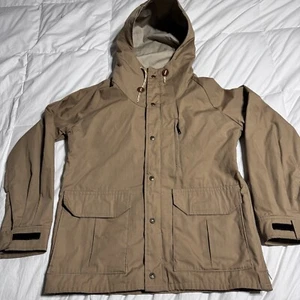 Giacca lunga con cappuccio Columbia Gore-Tex vintage marrone bottoni a pressione/zip uomo L - Foto 1 di 13