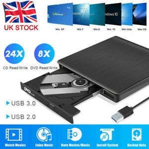 For DVD CD RW USB External DVD RW Disc Burner Drive Reader Win10 11 Laptop PC UK