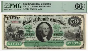 1872 $50 State of South Carolina, Columbia Obsolete - PMG 66 EPQ! Lovely GEM! - Picture 1 of 4