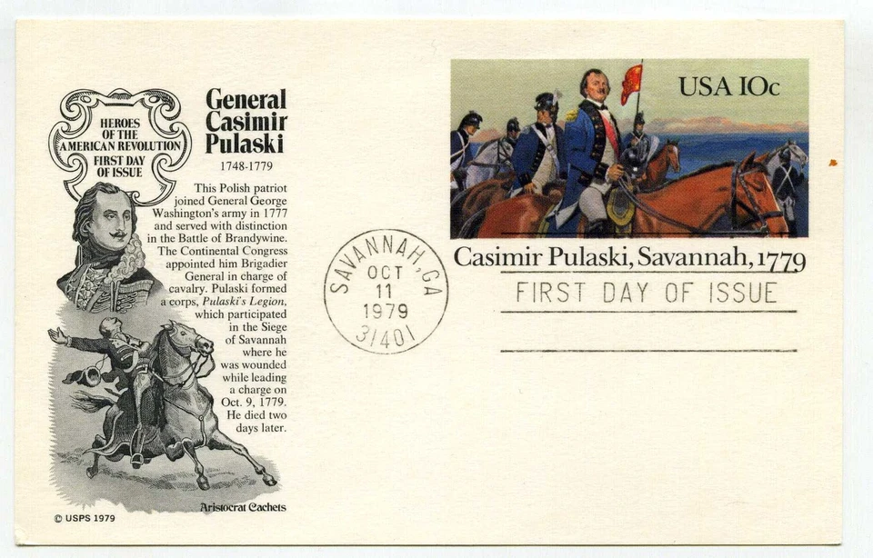 UX79 Casmir Pulaski, Savannah, 1779, Aristocrat Cachets, FDC  - Image 1 of 1