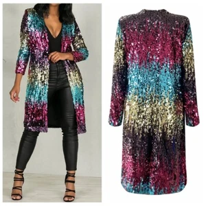 Women Long Sleeves Full Sequins Open Front Duster Cardigan Cover-up Jacket Coat - Picture 1 of 10