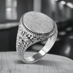 Sterling Silver Medical Caduceus Signet Ring – Oval Brushed Doctor Ring for Men - Picture 1 of 5