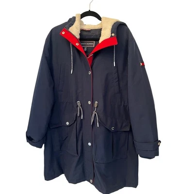 Abrigo parka Tommy Hilfiger para mujer con capucha azul marino rojo ribete forrado cálido XL Foto 1 de 4