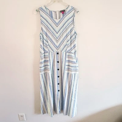 Vince Camuto Linen Cotton Stripe Midi Dress Medium Casual Coastal Beach Preppy - Image 1 of 4