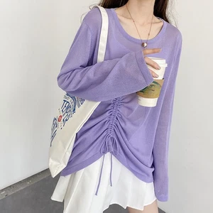 Lady Sheer Tops Thin Knit Pullover Sun Protection Shirt Cover-up Drawstring Sexy - Picture 1 of 16