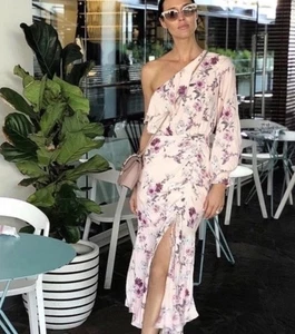 Steele Dress Size M One Shoulder Long Sleeve Pink Floral Midi Ruched Dahlia - Bild 1 von 15