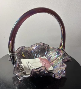 UV Reactive Fenton Glass Plum Iridescent Peacock Dahlia 6" Basket - Picture 1 of 11