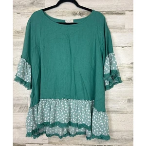 Umgee women's 2X plus linen blend teal boho short sleeve top shirt ruffle fringe - Picture 1 of 5