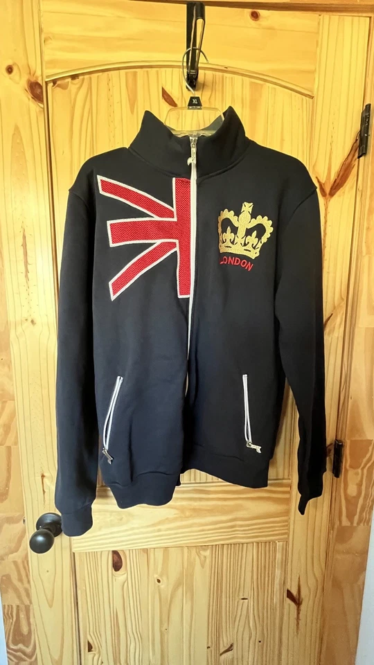 CORONA G ¡NUEVA CON ETIQUETAS! Chaqueta Cremallera Completa Frontal Azul Marino Rojo Blanco con Emblema Corona Dorada Talla M Foto 1 de 4