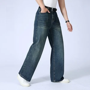 Jeans uomo vintage gamba dritta lavaggio denim pantalone con tasche vestibilità ampia - Foto 1 di 17