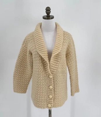 Cárdigan suéter vintage hecho a mano para mujer marfil grueso tejido cuello chal Foto 1 de 3