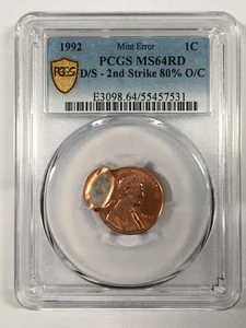 MINT ERROR 1992 LINCOLN CENT DOUBLESTRUCK OFF-CENTER PCGS MS64 RD - Picture 1 of 4