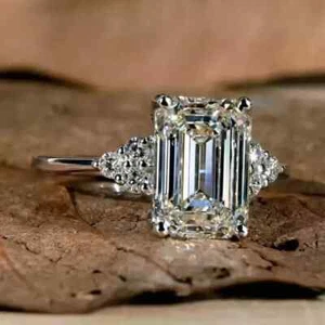 2Ct Emerald Cut Lab Created Diamond Women Engagement Ring 14K White Gold Plated - Picture 1 of 5