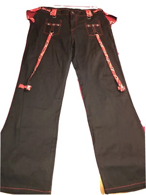 NUEVO Mujeres S M Goth Punk Rocker SCA Pantalones Negros ROJOS CUADROS Acentos Correas Hebillas Foto 1 de 4