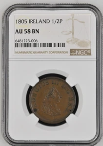 1805 Ireland Hibernia 1/2 Penny - NGC AU58BN - Picture 1 of 4