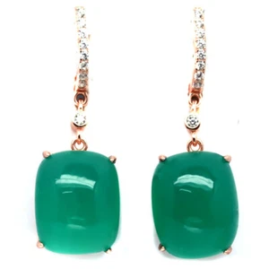 Unheated 13 x 16 MM. Green Agate & Cubic Zirconia Earrings 925 Sterling Silver - Picture 1 of 4