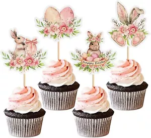 24 Pack Happy Easter Bunny Ear Cupcake Toppers Picks Rabbit Egg Cupcake for East - Picture 1 of 4