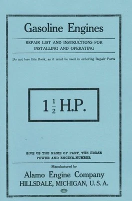 Alamo Company 1 1/2 H.P Gas Engine Motor Book Parts List Operating          - Image 1 of 2