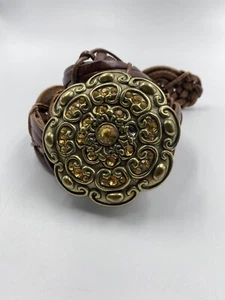 Fossil Braided Woven Belt Small Brown Leather Jeweled Cast Brass Buckle Boho - Picture 1 of 10