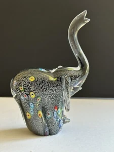 Art Glass Elephant Hand Blown Millefiori Paper Weight Murano Style Trunk Up - Picture 1 of 18
