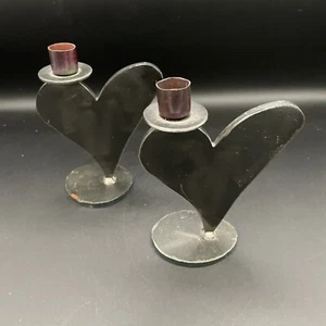 Vintage Set of Crude Welded Metal Heart Candle Holder - Unique & Bold Valentines - Picture 1 of 8