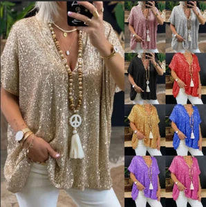 New short sleeved loose fitting pullover sequined V-neck T-shirt top for women - Picture 1 of 20