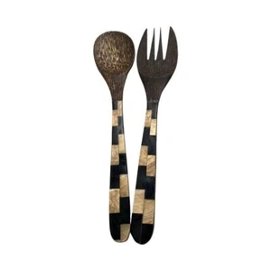 Salad Servers, Coconut Wood with Gold & Black Clam Inlay, 30x7cm - Picture 1 of 4