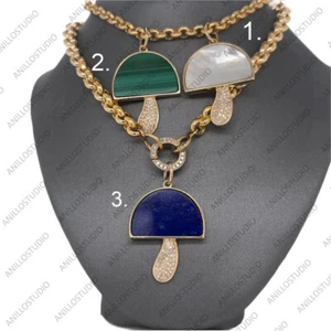14k Gold Pave Diamond Pendent, D Shape Malachite, Lapis, Pearl Mushroom Pendent - Picture 1 of 13