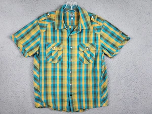 Mountain Hardwear Pearl Snap Shirt Mens M Blue Gold Plaid Short Sleeve Outdoor - Picture 1 of 12