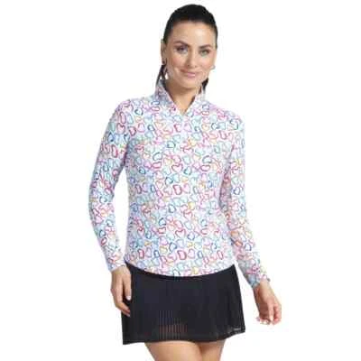 NWT Ladies IBKUL Amara White Multi Long Sleeve Mock Golf Shirt S M L & XL - Image 1 of 2