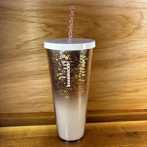 STARBUCKS Holiday Exclusive White gold Sequins 24oz W/Pink Straw Tumbler NEW - Picture 1 of 7