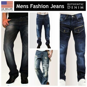 Mens Regular Fit Faded Ripped Jeans Straight Leg Distressed Denim Trousers - Picture 1 of 12