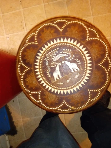 1970s Anglo Indian Hardwood Hand Carved Elephant And Peacock Inlay End Cover