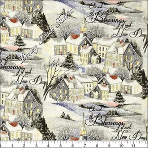 SUSAN WINGET, SPRINGS, "WINTERVALE", SCENIC, WINTER HOUSES SAYINGS FABRIC 1/2 YD - Picture 1 of 2