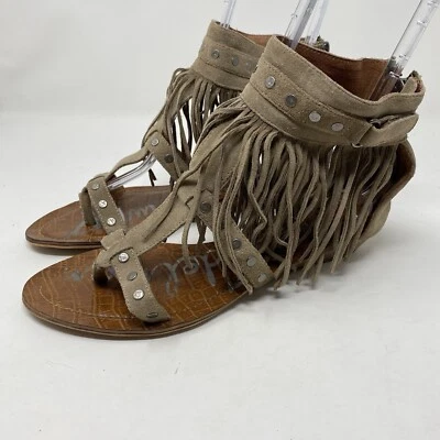 Sandalia bohemia Sam Edelman talla 9,5 gris gamuza cuero flecos tiras Foto 1 de 4