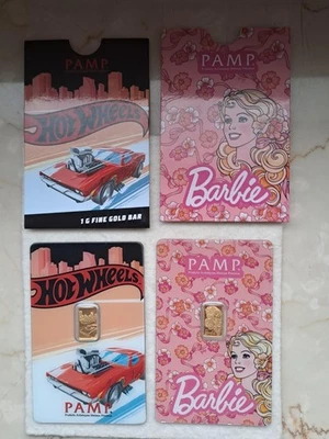 2 X 1g Pamp Goldbarren Hot Wheels und Barbie - inkl. Pappschuber - Bild 1 von 2