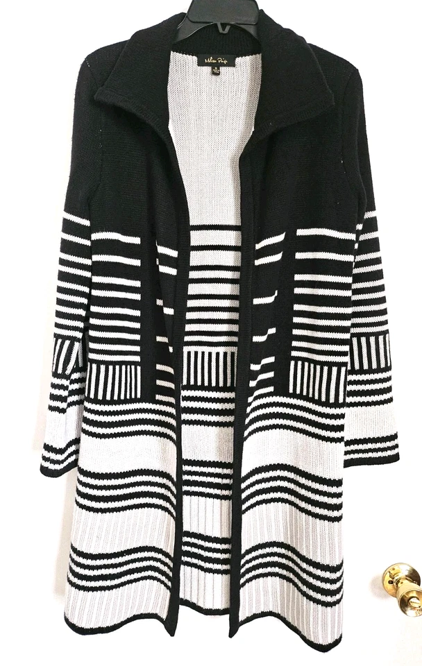 Cárdigan largo abierto Melissa Paige negro y beige SUAVE pequeño tejido doble Foto 1 de 4