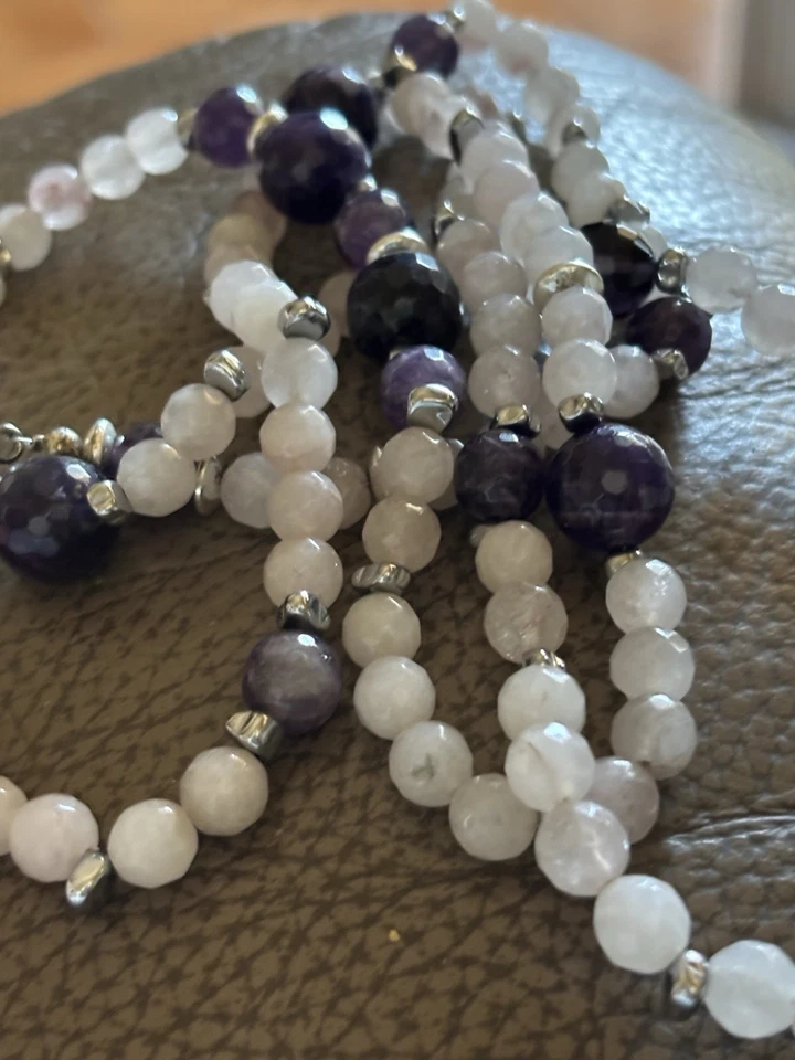 Collana Collane Pietre Dure Ossidiana Ametista Acciaio Lunga Multigiro - Immagine 1 di 4