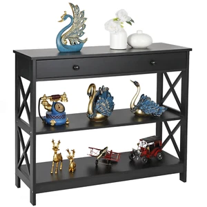 Black Finish 3-Tier Console End Narrow Table with Shelves 2 Drawers for Entry - Picture 1 of 10