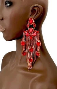 7” Long Red acrylic Crystals Statement Evening Fringe Earring Drag Queen Pageant - Picture 1 of 3