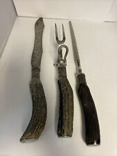Vintage Stag Antler & Sterling Silver Mounted 3-Piece Carving Set Knife & Fork