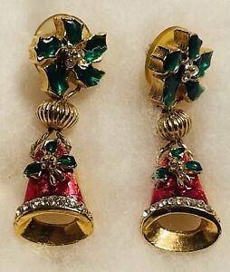 VTG.Pierced Christmas  Earrings.Costume Jewelry. Rhinestone & Acrylic.Stud Back