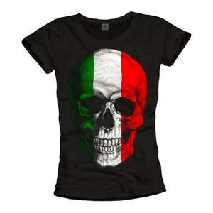 COOLES DAMEN SKULL T-SHIRT MIT ITALIENISCHER FLAGGE - TOP FOOTBALL GIRL TRIKOT TEE SCHWARZ - Bild 1 von 1