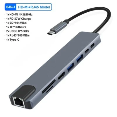 8-in-1 Laptop Docking Station Type-C HUB HDMI Adapter 4K  PD SD TF USB 3.0 VGA - Image 1 of 4