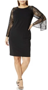 Alex Evenings Women's Size 14W Short Shift Dress with Illusion Bell Sleeves Blk - Picture 1 of 4