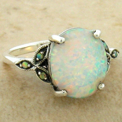 ANTIQUE STYLE 925 STERLING SILVER VICTORIAN DESIGN LAB-CREATED OPAL RING    #581 - Image 1 of 3